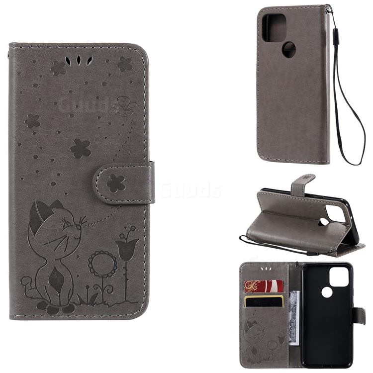 Embossing Bee and Cat Leather Wallet Case for Google Pixel 5 - Gray
