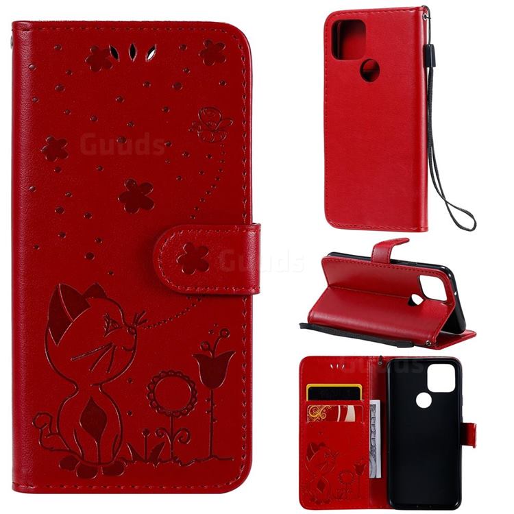Embossing Bee and Cat Leather Wallet Case for Google Pixel 5 - Red