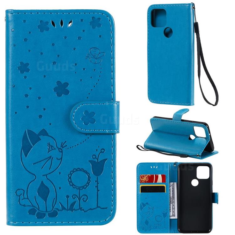 Embossing Bee and Cat Leather Wallet Case for Google Pixel 5 - Blue
