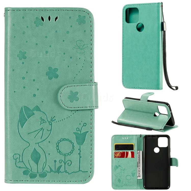 Embossing Bee and Cat Leather Wallet Case for Google Pixel 5 - Green