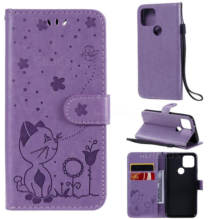 Embossing Bee and Cat Leather Wallet Case for Google Pixel 5 - Purple