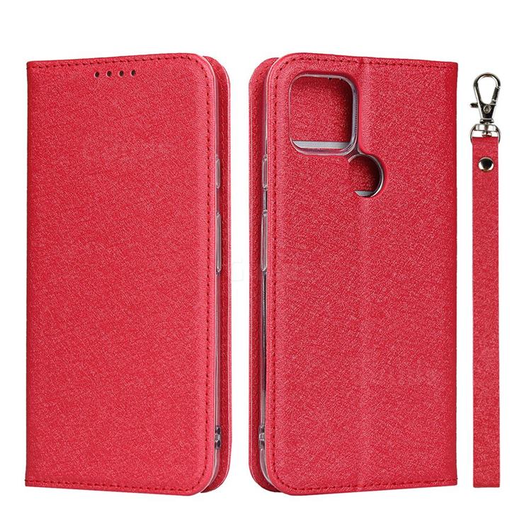 Ultra Slim Magnetic Automatic Suction Silk Lanyard Leather Flip Cover for Google Pixel 5 - Red