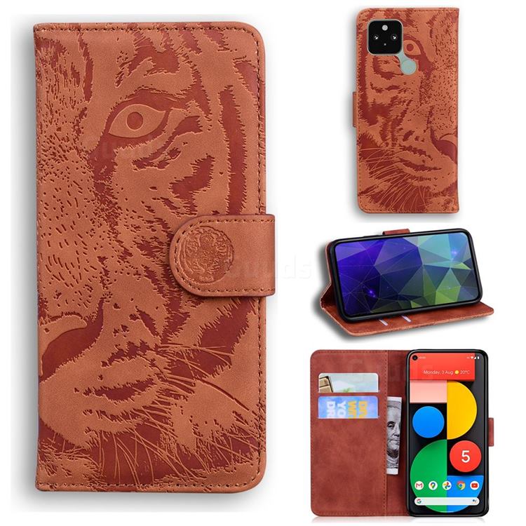 Intricate Embossing Tiger Face Leather Wallet Case for Google Pixel 5 - Brown