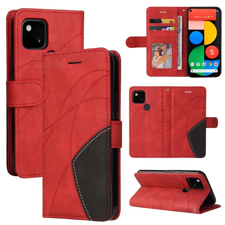 Luxury Two-color Stitching Leather Wallet Case Cover for Google Pixel 5 - Red