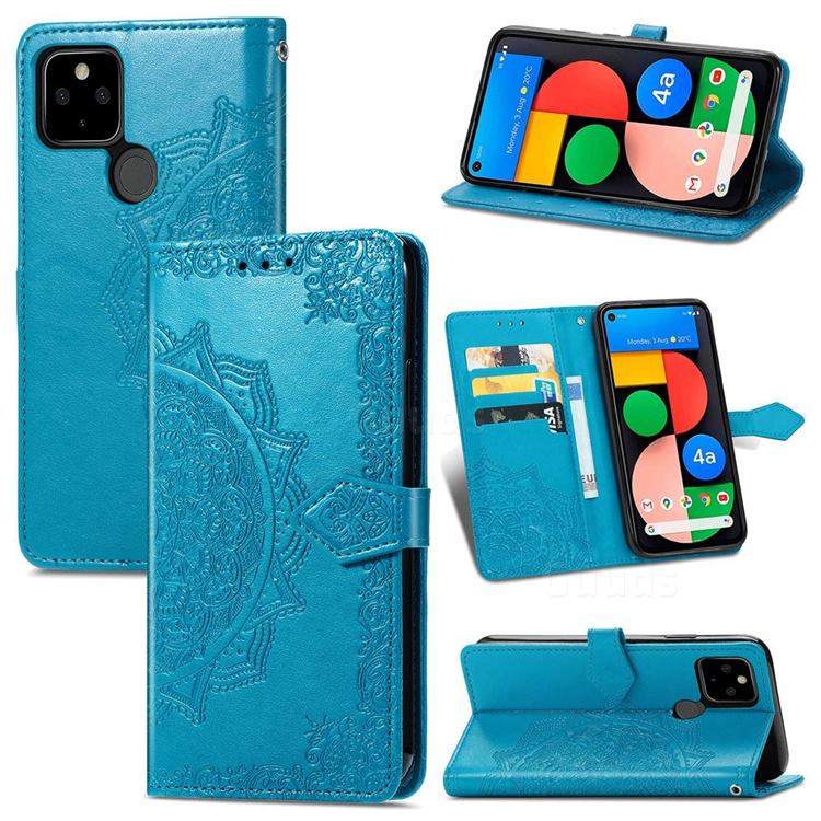 Embossing Imprint Mandala Flower Leather Wallet Case for Google Pixel 5A - Blue