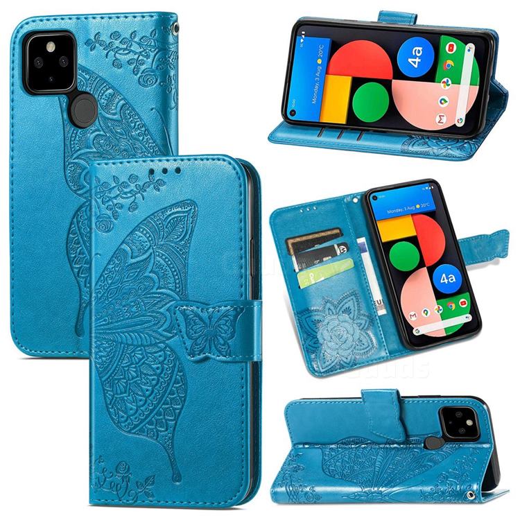 Embossing Mandala Flower Butterfly Leather Wallet Case for Google Pixel 5A - Blue