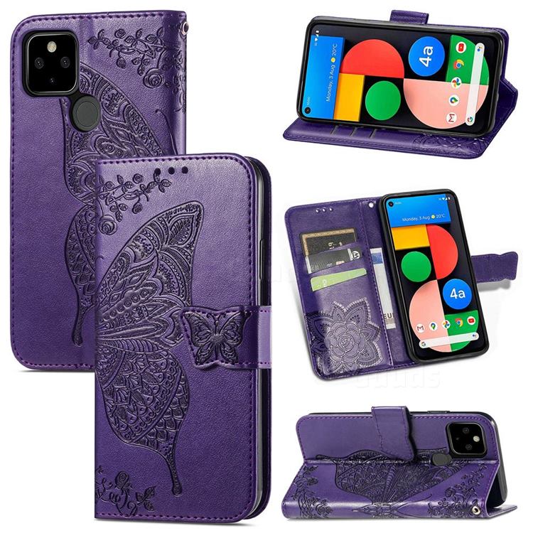 Embossing Mandala Flower Butterfly Leather Wallet Case for Google Pixel 5A - Dark Purple