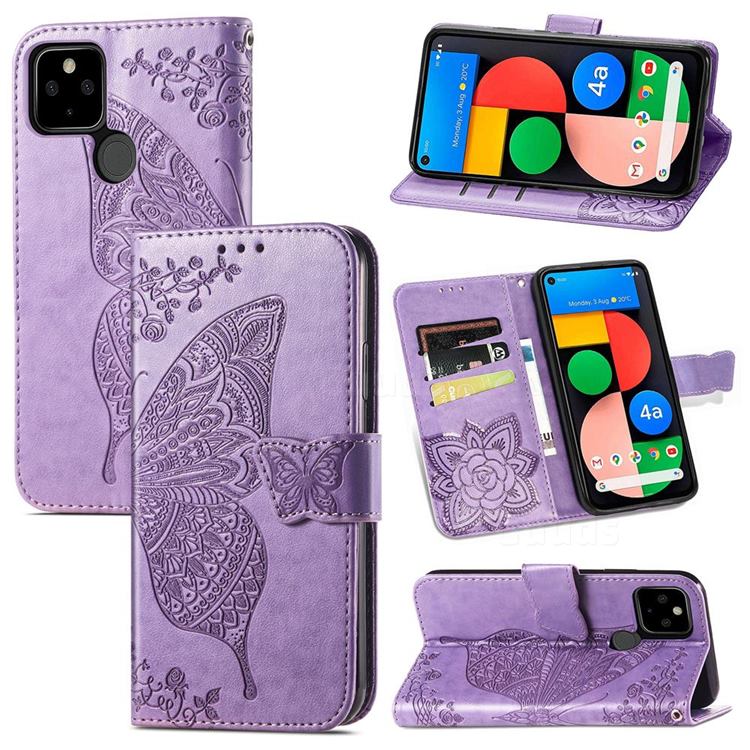Embossing Mandala Flower Butterfly Leather Wallet Case for Google Pixel 5A - Light Purple