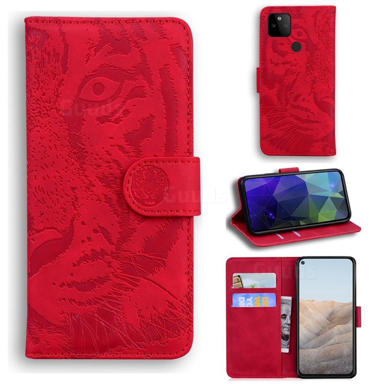 Intricate Embossing Tiger Face Leather Wallet Case for Google Pixel 5A - Red