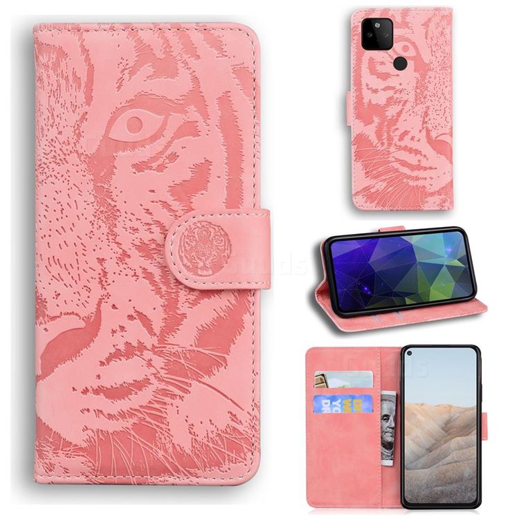 Intricate Embossing Tiger Face Leather Wallet Case for Google Pixel 5A - Pink