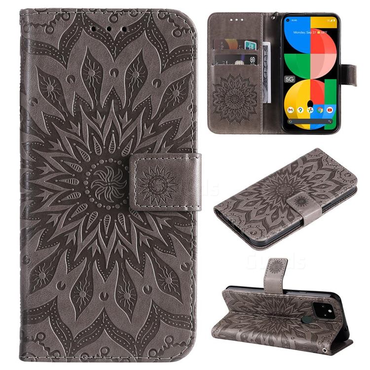 Embossing Sunflower Leather Wallet Case for Google Pixel 5A - Gray