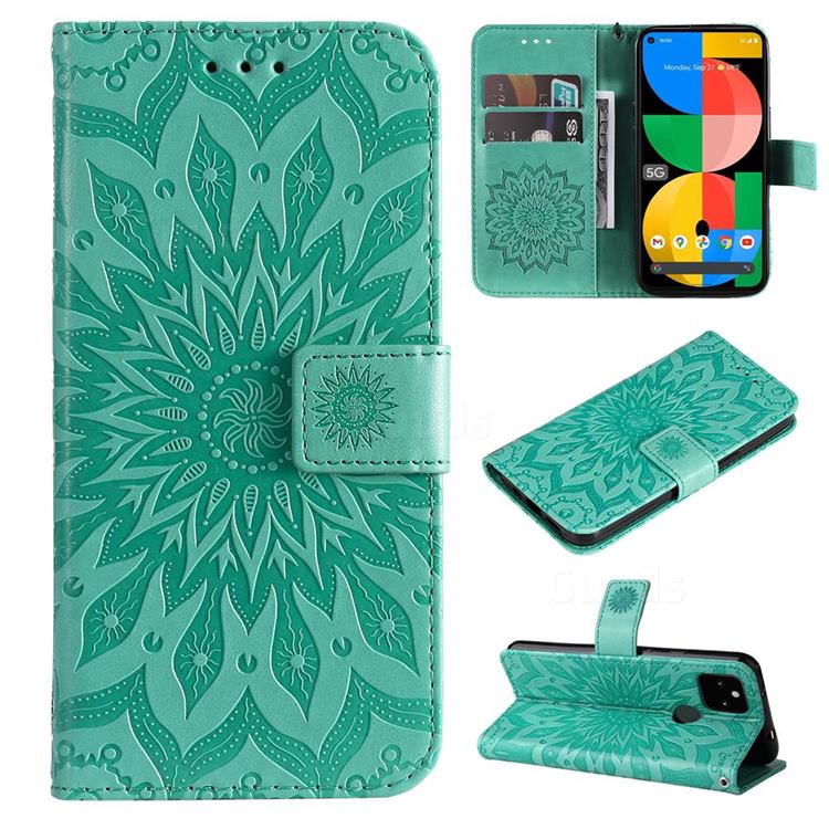 Embossing Sunflower Leather Wallet Case for Google Pixel 5A - Green