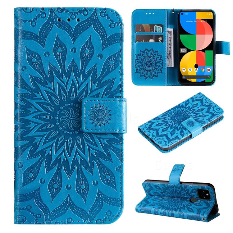 Embossing Sunflower Leather Wallet Case for Google Pixel 5A - Blue