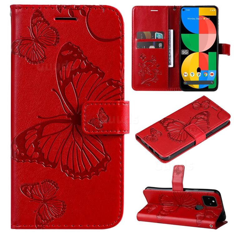 Embossing 3D Butterfly Leather Wallet Case for Google Pixel 5A - Red