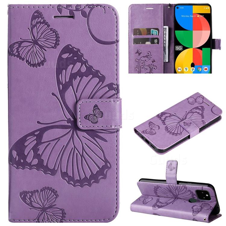 Embossing 3D Butterfly Leather Wallet Case for Google Pixel 5A - Purple