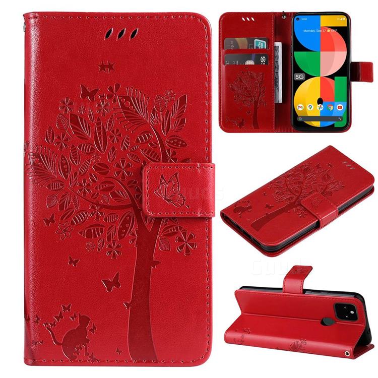 Embossing Butterfly Tree Leather Wallet Case for Google Pixel 5A - Red