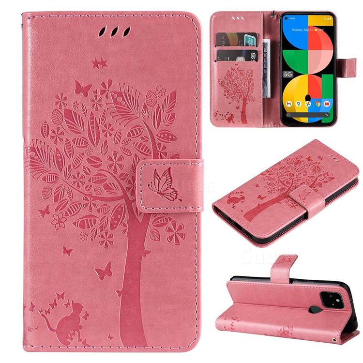 Embossing Butterfly Tree Leather Wallet Case for Google Pixel 5A - Pink