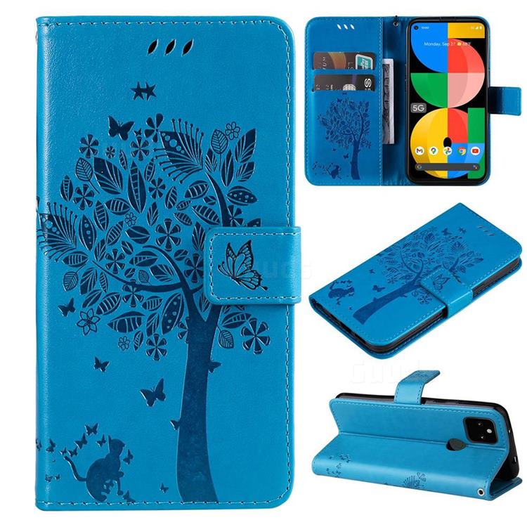 Embossing Butterfly Tree Leather Wallet Case for Google Pixel 5A - Blue