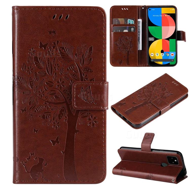 Embossing Butterfly Tree Leather Wallet Case for Google Pixel 5A - Coffee