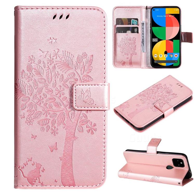 Embossing Butterfly Tree Leather Wallet Case for Google Pixel 5A - Rose Pink