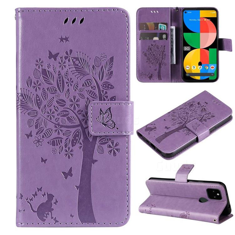 Embossing Butterfly Tree Leather Wallet Case for Google Pixel 5A - Violet