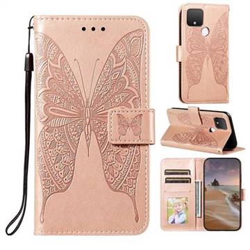 Intricate Embossing Vivid Butterfly Leather Wallet Case for Google Pixel 5 XL - Rose Gold