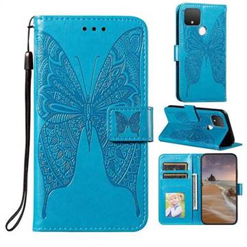 Intricate Embossing Vivid Butterfly Leather Wallet Case for Google Pixel 5 XL - Blue