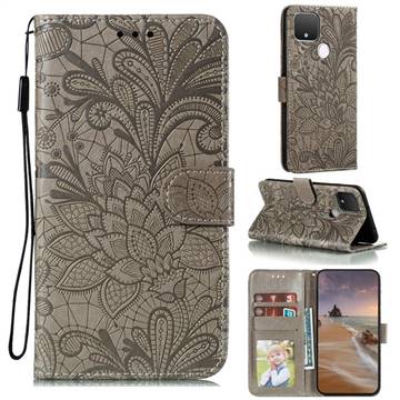 Intricate Embossing Lace Jasmine Flower Leather Wallet Case for Google Pixel 5 XL - Gray