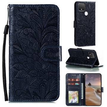Intricate Embossing Lace Jasmine Flower Leather Wallet Case for Google Pixel 5 XL - Dark Blue