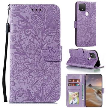 Intricate Embossing Lace Jasmine Flower Leather Wallet Case for Google Pixel 5 XL - Purple