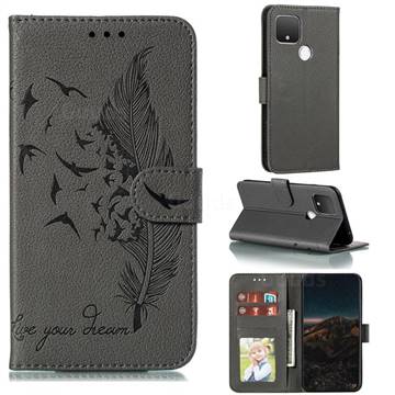 Intricate Embossing Lychee Feather Bird Leather Wallet Case for Google Pixel 5 XL - Gray