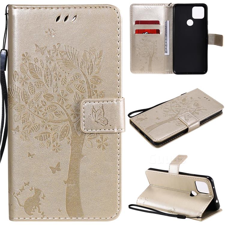 Embossing Butterfly Tree Leather Wallet Case for Google Pixel 5 XL - Champagne