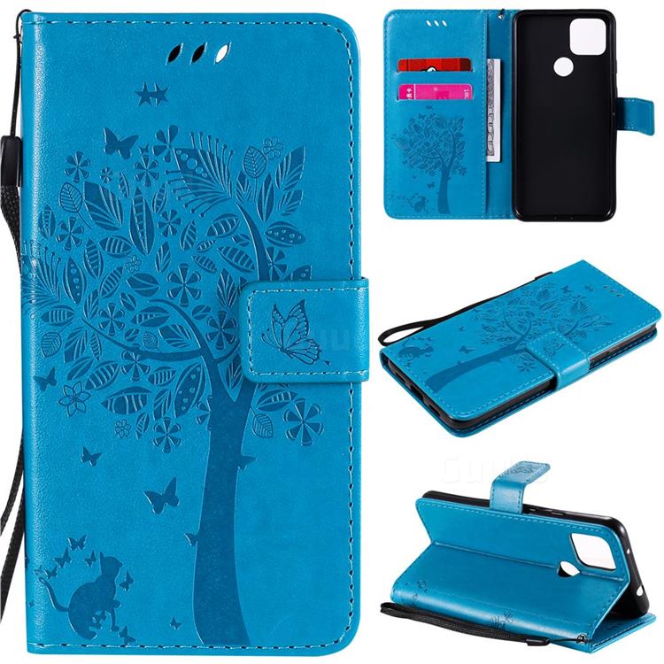 Embossing Butterfly Tree Leather Wallet Case for Google Pixel 5 XL - Blue