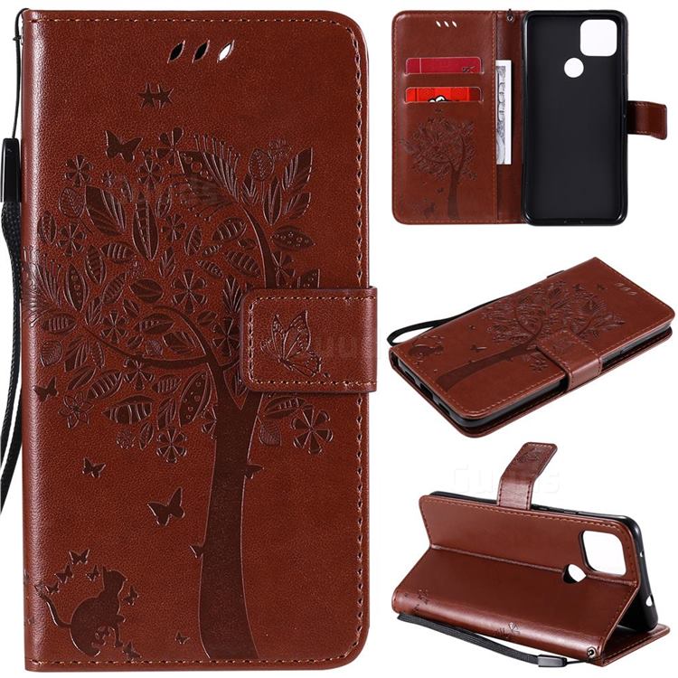 Embossing Butterfly Tree Leather Wallet Case for Google Pixel 5 XL - Coffee
