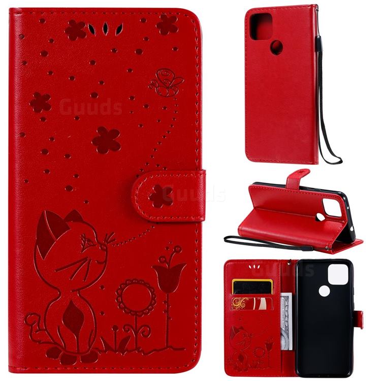 Embossing Bee and Cat Leather Wallet Case for Google Pixel 5 XL - Red