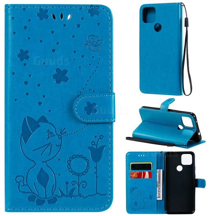 Embossing Bee and Cat Leather Wallet Case for Google Pixel 5 XL - Blue