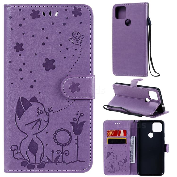 Embossing Bee and Cat Leather Wallet Case for Google Pixel 5 XL - Purple