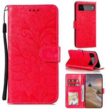 Intricate Embossing Lace Jasmine Flower Leather Wallet Case for Google Pixel 6 - Red