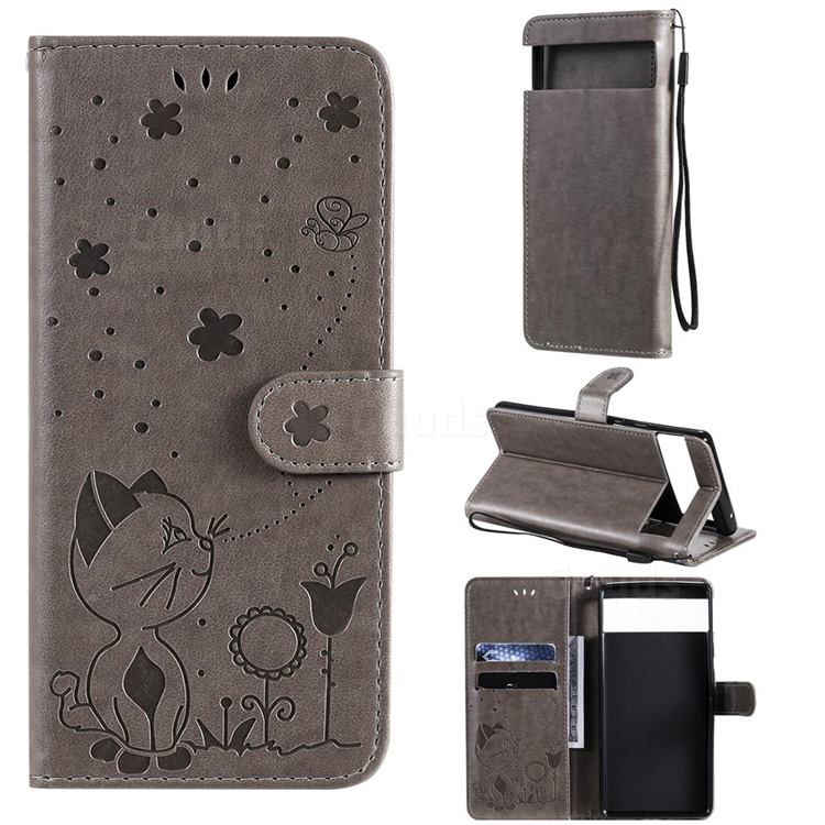 Embossing Bee and Cat Leather Wallet Case for Google Pixel 6 - Gray