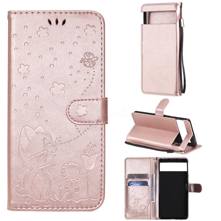 Embossing Bee and Cat Leather Wallet Case for Google Pixel 6 - Rose Gold