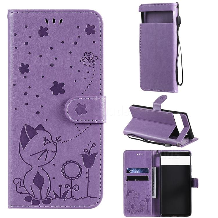 Embossing Bee and Cat Leather Wallet Case for Google Pixel 6 - Purple