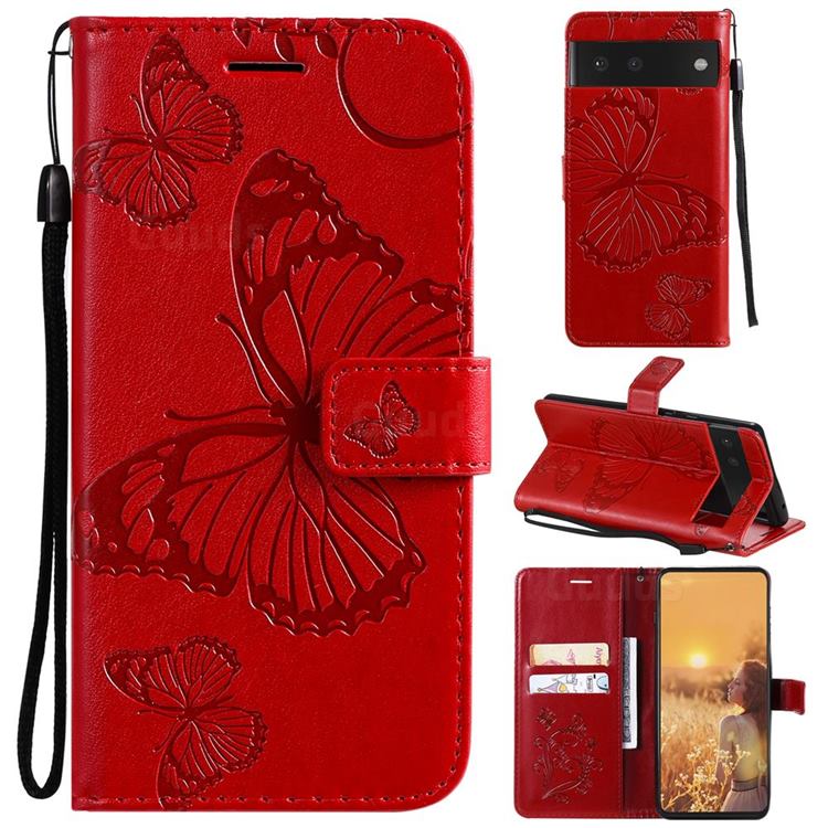 Embossing 3D Butterfly Leather Wallet Case for Google Pixel 6 - Red