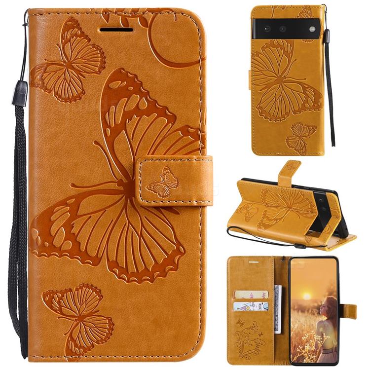 Embossing 3D Butterfly Leather Wallet Case for Google Pixel 6 - Yellow