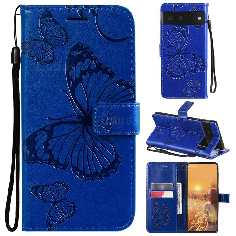 Embossing 3D Butterfly Leather Wallet Case for Google Pixel 6 - Blue