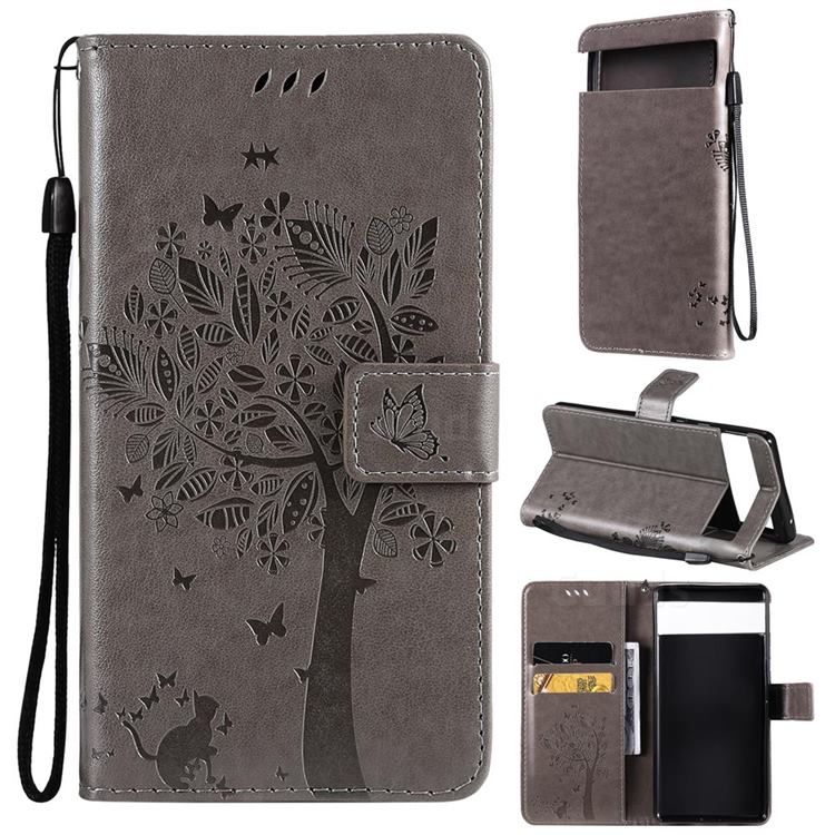 Embossing Butterfly Tree Leather Wallet Case for Google Pixel 6 - Grey