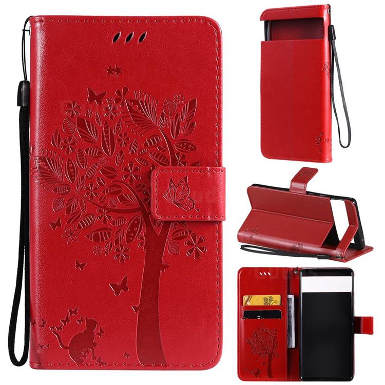 Embossing Butterfly Tree Leather Wallet Case for Google Pixel 6 - Red