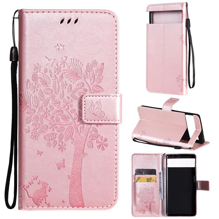 Embossing Butterfly Tree Leather Wallet Case for Google Pixel 6 - Rose Pink