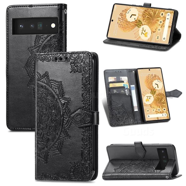 Embossing Imprint Mandala Flower Leather Wallet Case for Google Pixel 6 - Black