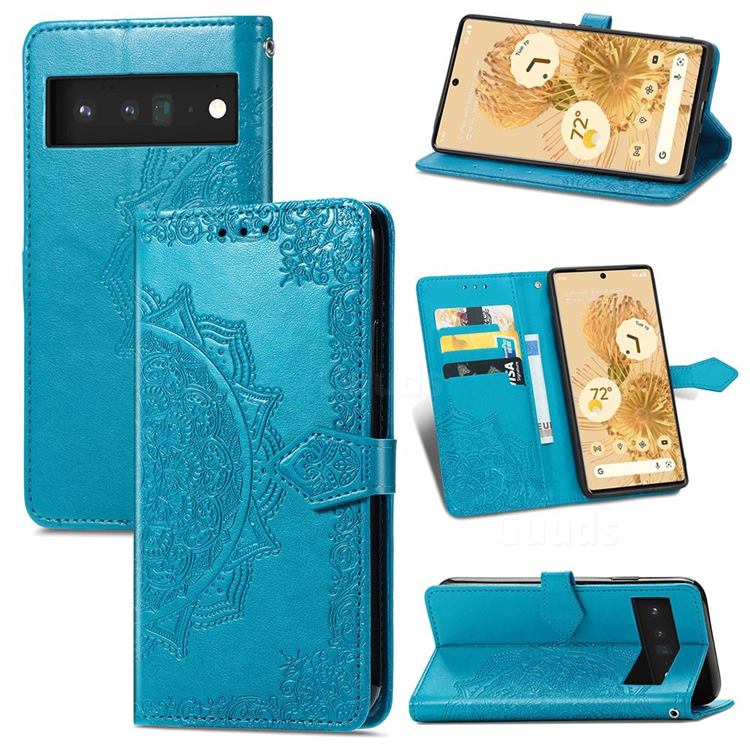 Embossing Imprint Mandala Flower Leather Wallet Case for Google Pixel 6 - Blue
