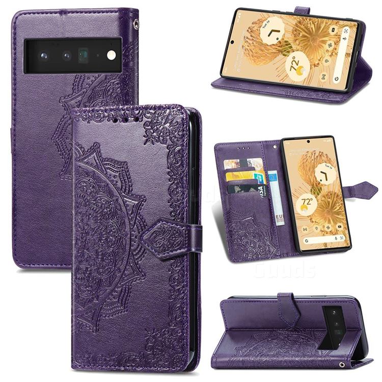 Embossing Imprint Mandala Flower Leather Wallet Case for Google Pixel 6 - Purple